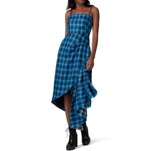 Osman Chantal Gingham Dress Sleeveless Asymmetric Hem Blue Black Womens Size 6